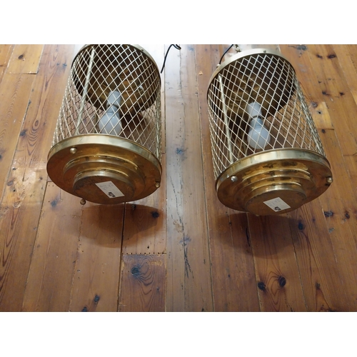 190 - Pair of good quality brass hanging lanterns {Drop 90 cm H x 26 cm W x 26 cm D}.