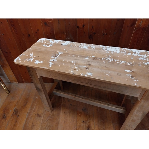 193 - Pine bar - cafe - pub - restaurant table raised on square legs and single stretcher {76 cm H x 113 c... 