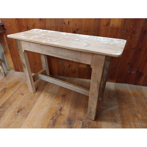 193 - Pine bar - cafe - pub - restaurant table raised on square legs and single stretcher {76 cm H x 113 c... 