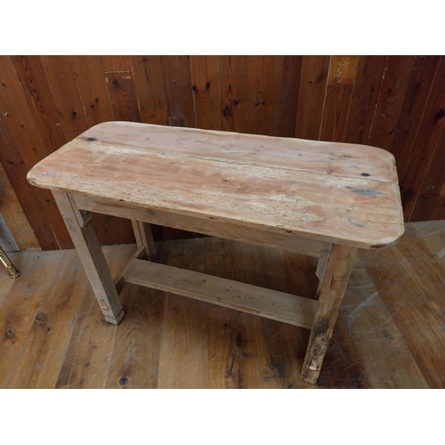 194 - Pine bar - cafe - pub - restaurant table raised on square legs and single stretcher {76 cm H x 108 c... 