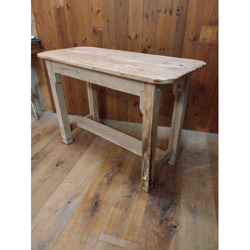 194 - Pine bar - cafe - pub - restaurant table raised on square legs and single stretcher {76 cm H x 108 c... 