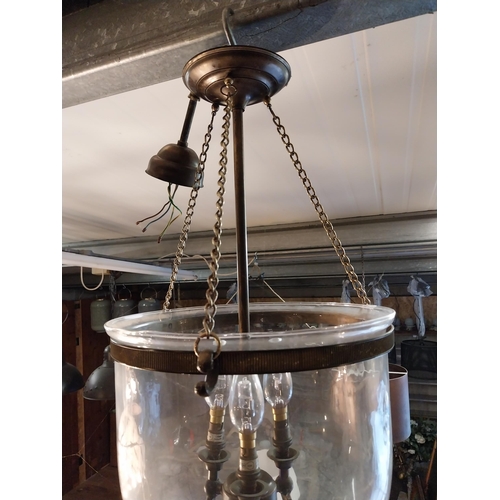 197 - Good quality brass and glass hanging light shade {Drop 75 cm H x 30 cm W x 30 cm D}.