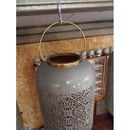 198 - Pair of good quality decorative enamel hanging lanterns {53 cm H x 26 cm W x 26 cm D}.