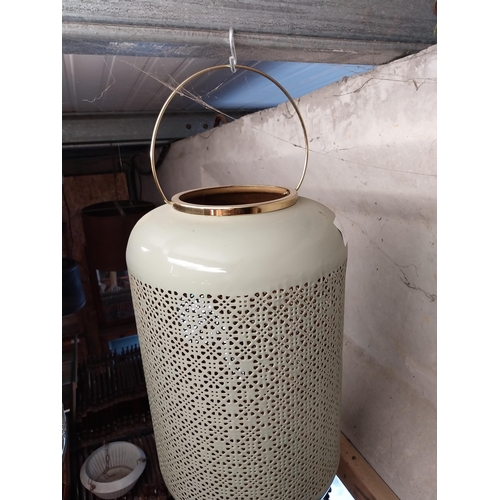 200 - Large good quality decorative enamel hanging lantern {64 cm H x 30 cm W x 30 cm D}.