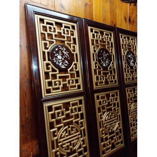 213 - Set of four Oriental hardwood and gilded wall panels with mother of peal inlay {210 cm H x 184 total... 