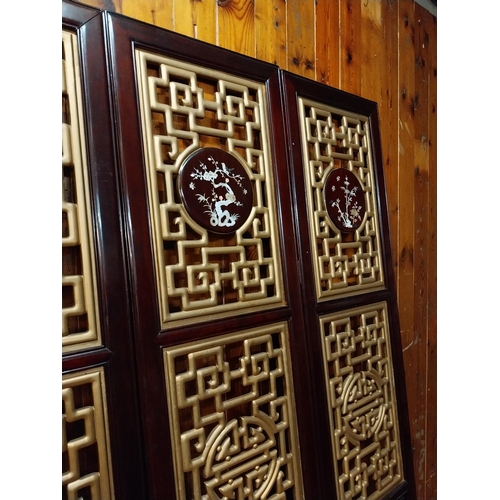 213 - Set of four Oriental hardwood and gilded wall panels with mother of peal inlay {210 cm H x 184 total... 