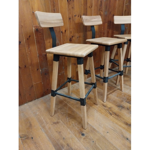 216 - Set of three vintage oak and metal bar stools {100 cm H x 38 cm W x 43 cm D}.