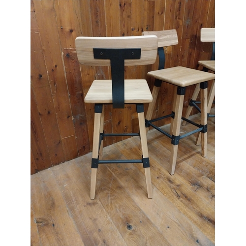 216 - Set of three vintage oak and metal bar stools {100 cm H x 38 cm W x 43 cm D}.