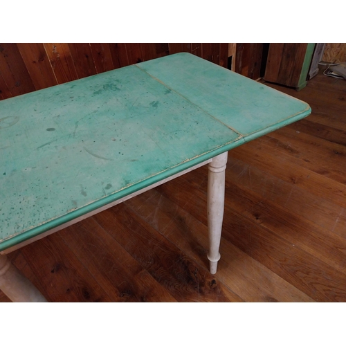 217 - Early 20th C. painted pine double drop leaf kitchen table raised on turned legs {76 cm H x 134 cm W ... 