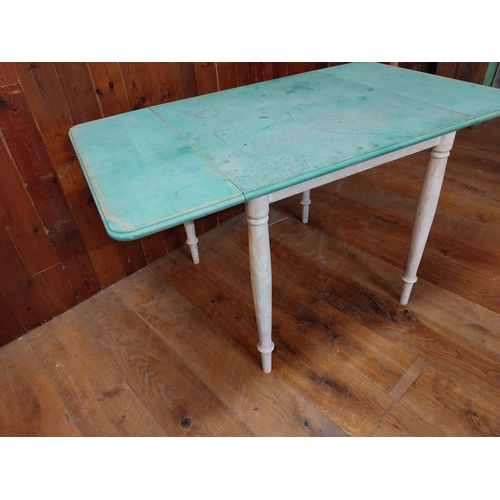 217 - Early 20th C. painted pine double drop leaf kitchen table raised on turned legs {76 cm H x 134 cm W ... 