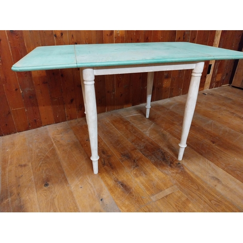 217 - Early 20th C. painted pine double drop leaf kitchen table raised on turned legs {76 cm H x 134 cm W ... 