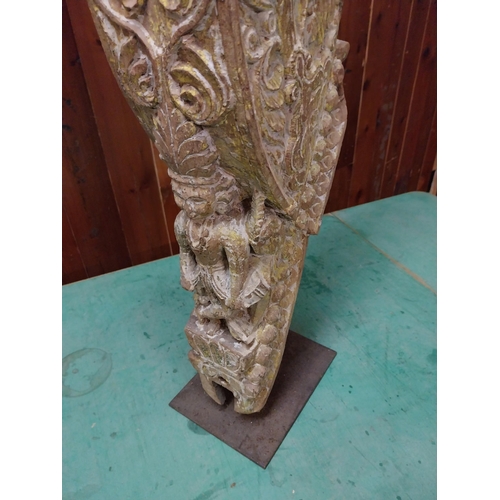 219 - 19th C. decorative hardwood sculpture raised on metal stand {100 cm H x 13 cm W x 21 cm D}.