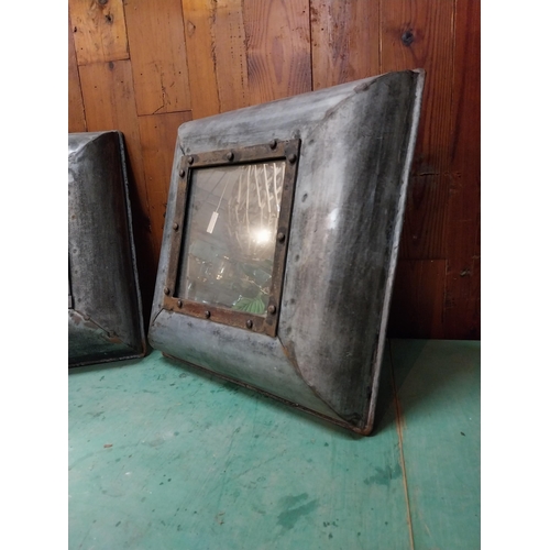 223 - Pair of Retro industrial metal cushion wall mirrors {35 cm H x 35 cm W x 12 cm D}.