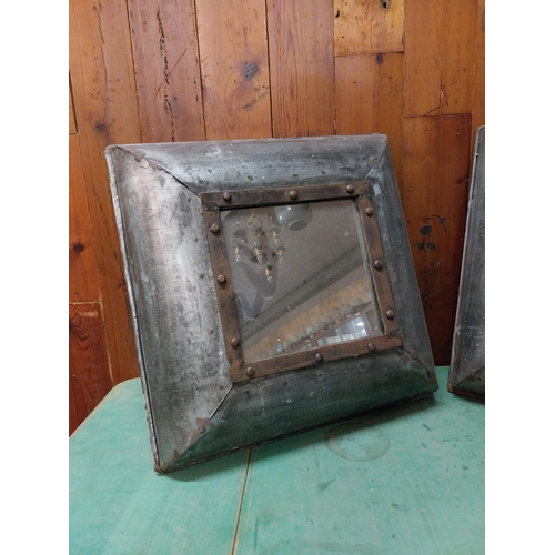 223 - Pair of Retro industrial metal cushion wall mirrors {35 cm H x 35 cm W x 12 cm D}.