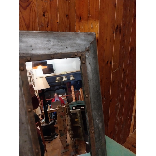 224 - Pair of Retro industrial metal cushion wall mirrors {78 cm H x 45 cm W x 12 cm D}.