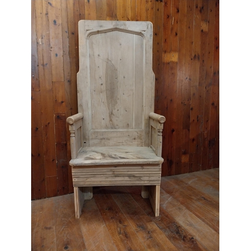 227 - Early 20th C. stripped pine and oak throne chair {176 cm H x 80 cm W x 48 cm D}.