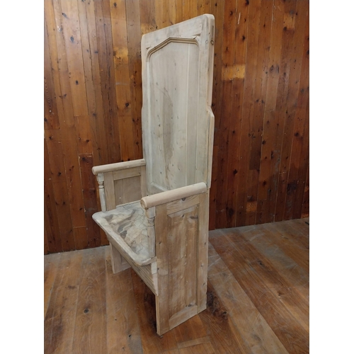 227 - Early 20th C. stripped pine and oak throne chair {176 cm H x 80 cm W x 48 cm D}.