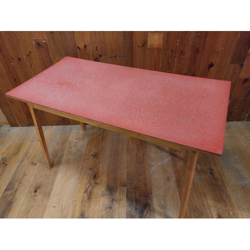 228 - Retro pine Kitchen table with Formica top raised on square tapered legs {77 cm H x 121 cm W x 61 cm ... 