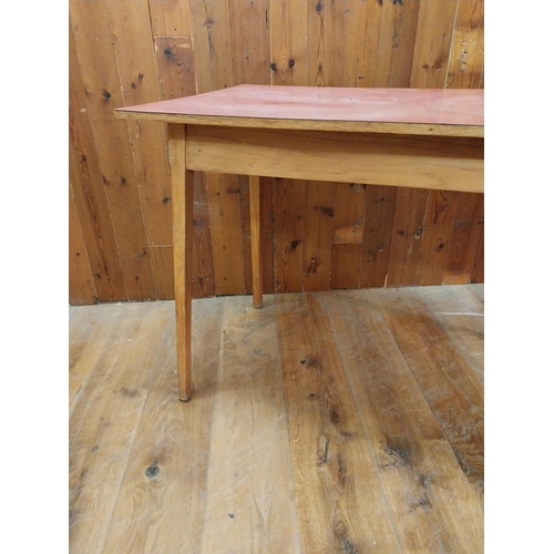 228 - Retro pine Kitchen table with Formica top raised on square tapered legs {77 cm H x 121 cm W x 61 cm ... 