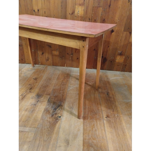 228 - Retro pine Kitchen table with Formica top raised on square tapered legs {77 cm H x 121 cm W x 61 cm ... 