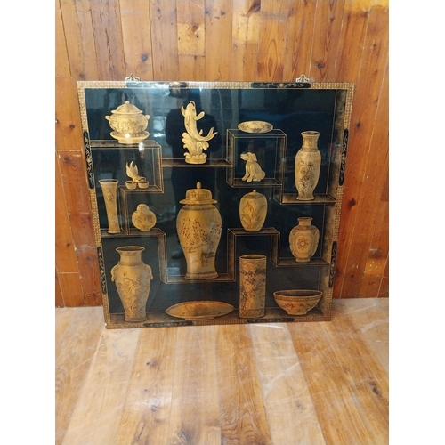 229 - Japanese lacquered and gilded wall panel {126 cm H x 122 cm W x 2 cm D}.