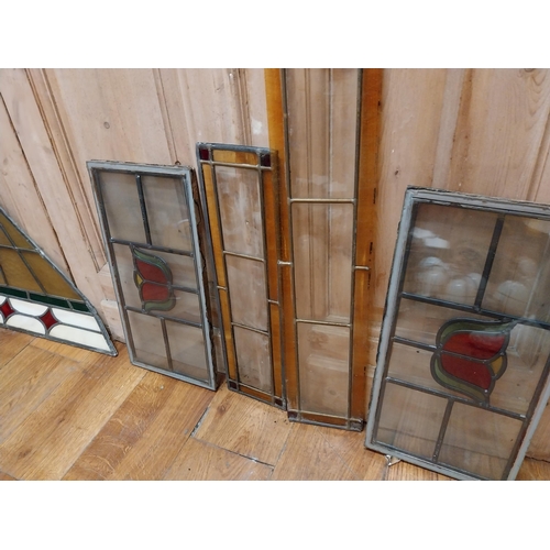 236 - Five early 20th C. leaded stained glass panels {74 cm H x 15 cm W, 51 cm H x 25 cm W and 46 cm H x 8... 