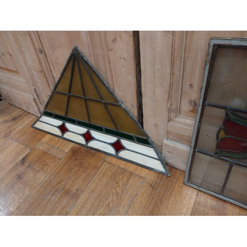 236 - Five early 20th C. leaded stained glass panels {74 cm H x 15 cm W, 51 cm H x 25 cm W and 46 cm H x 8... 