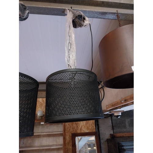 261 - Three metal light shades in the Industrial style in working order {Drop 100 cm H x 30 cm W x 30 cm D... 