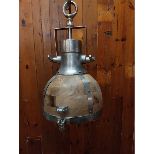 262 - Retro polished steel and wooden downlight in the Industrial style in working order{Drop 160 cm H and... 