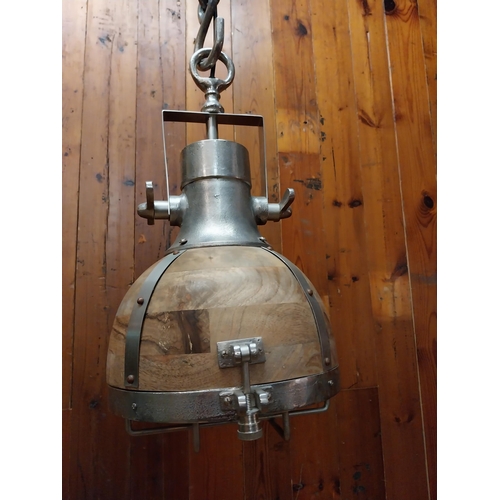 262 - Retro polished steel and wooden downlight in the Industrial style in working order{Drop 160 cm H and... 