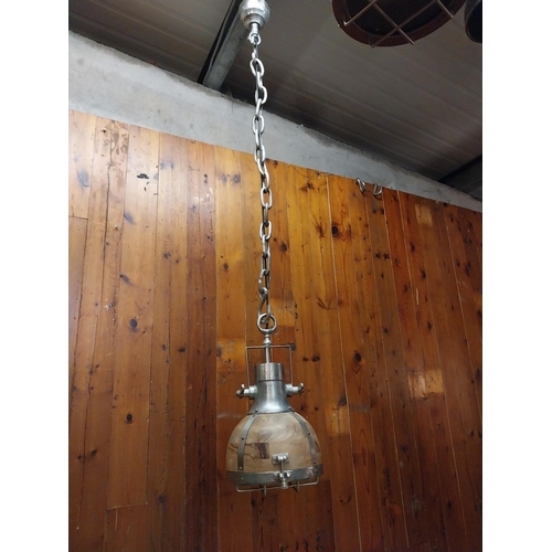 263 - Retro polished steel and wooden downlight in the Industrial style in working order{Drop 160 cm H and... 