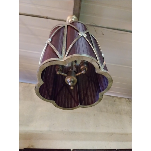 266 - Decorative polished metal hanging lantern with cloth panels in working order {Drop 85  cm H x 30 cm ... 