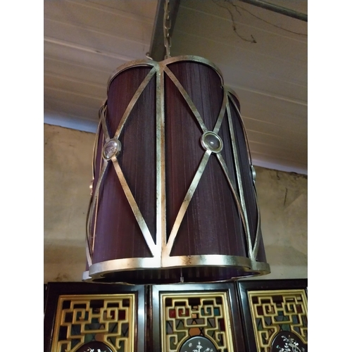 266 - Decorative polished metal hanging lantern with cloth panels in working order {Drop 85  cm H x 30 cm ... 