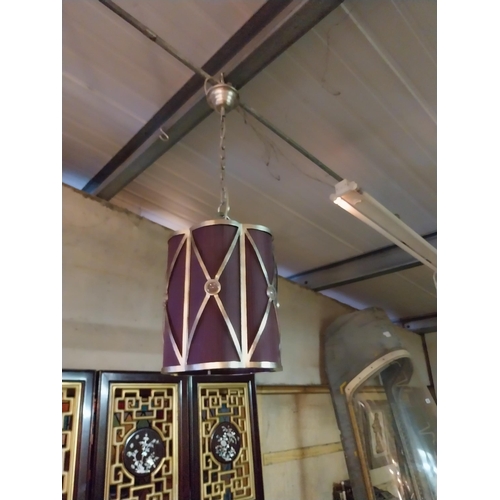 266 - Decorative polished metal hanging lantern with cloth panels in working order {Drop 85  cm H x 30 cm ... 