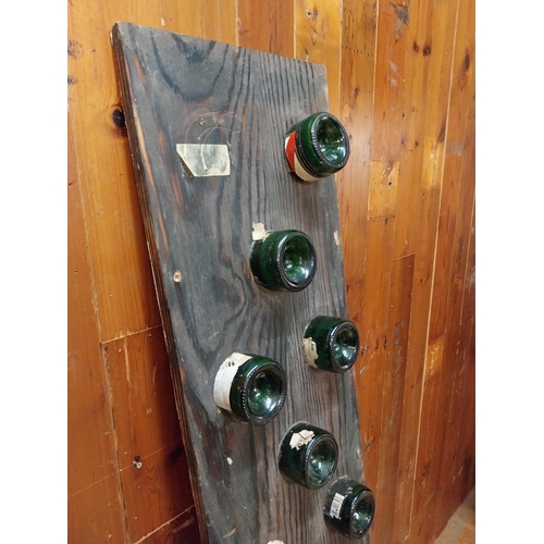 282 - Champagne bottles mounted on oak plaque {160 cm H x 35 cm W x 10 cm D}.