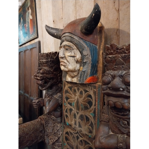 298 - Rare unusual heavily carved hardwood tribal throne chair {185 cm H x 94 cm W x 110 cm D}.