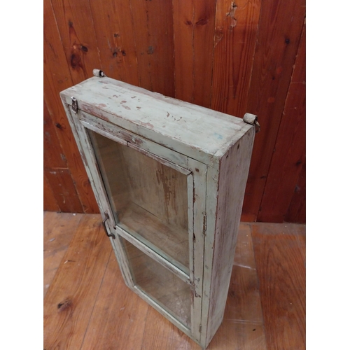 299 - Painted hardwood wall cabinet with single glazed door {77 cm H x 36 cm W x 11 cm D}.