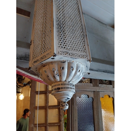 313 - Moroccan painted metal hanging lantern {155 cm H x 42 cm W x 42 cm D}.