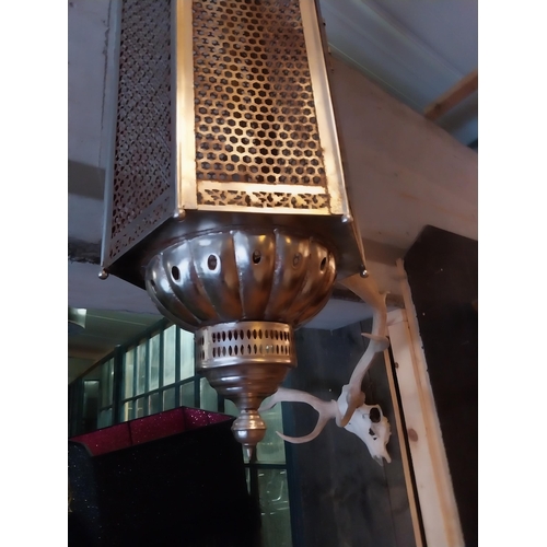 314 - Moroccan polished metal hanging lantern {137 cm H x 40 cm W x 40 cm D}.