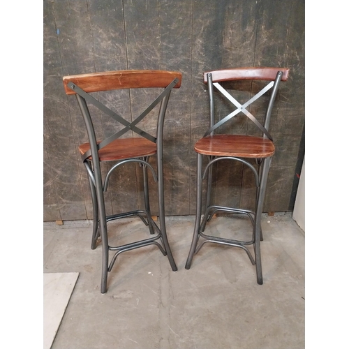 32 - Pair of metal and wooden bar - pub stools in the Industrial style {118 cm H x 46 cm W x 52 cm D}.