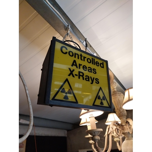 323 - Controlled Areas X-Ray Perspex and tinplate light box {26 cm H x 30 cm W x 20 cm D}.