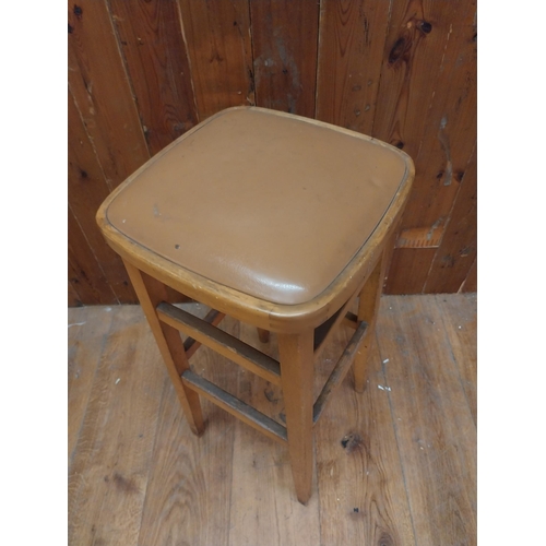 342 - Pine bar - pub stool with upholstered vinyl seat {74 cm H x 33 cm W x 33 cm D}.