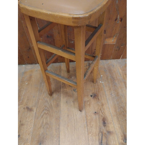 342 - Pine bar - pub stool with upholstered vinyl seat {74 cm H x 33 cm W x 33 cm D}.