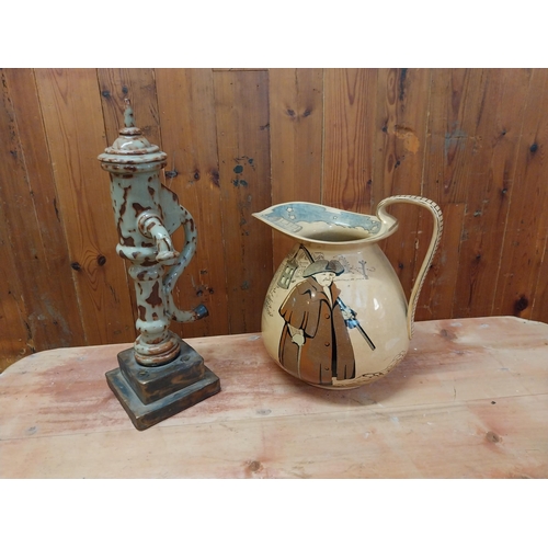 346 - Ceramic model of a water pump and glazed ceramic water jug {40 cm H x 17 cm W x 12 cm D and 27 cm H ... 