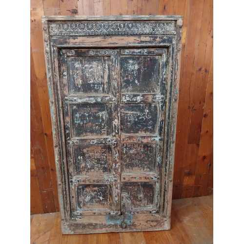 349 - Early 19th C. heavily carved painted hardwood window frame with two panelled doors {168 cm H x 92 cm... 