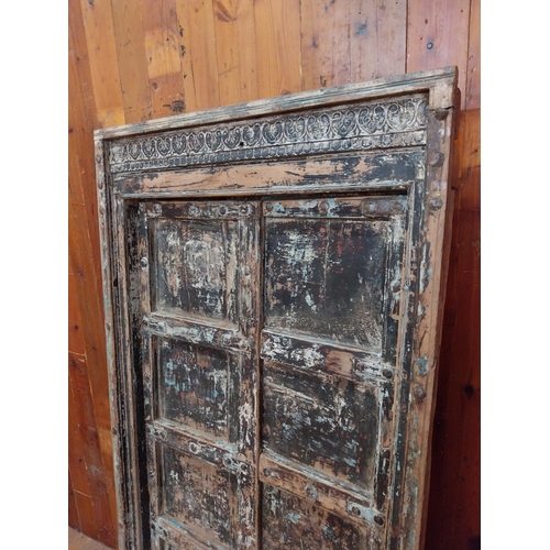 349 - Early 19th C. heavily carved painted hardwood window frame with two panelled doors {168 cm H x 92 cm... 