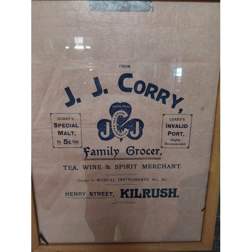 35 - Original J.J. Corry Family Grocers advertisement mounted in pine frame {56 cm H x 44 cm W}.