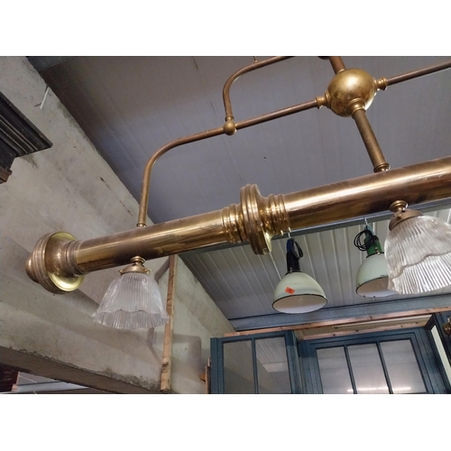 352 - Good quality brass Bar - Pub light with three glass shades {85 cm H x 170 cm W x 16 cm D}.