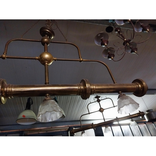 352 - Good quality brass Bar - Pub light with three glass shades {85 cm H x 170 cm W x 16 cm D}.