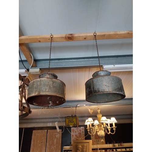 358 - Pair of tinplate hanging light shades {72 cm H x 30 cm W x 30 cm D}.